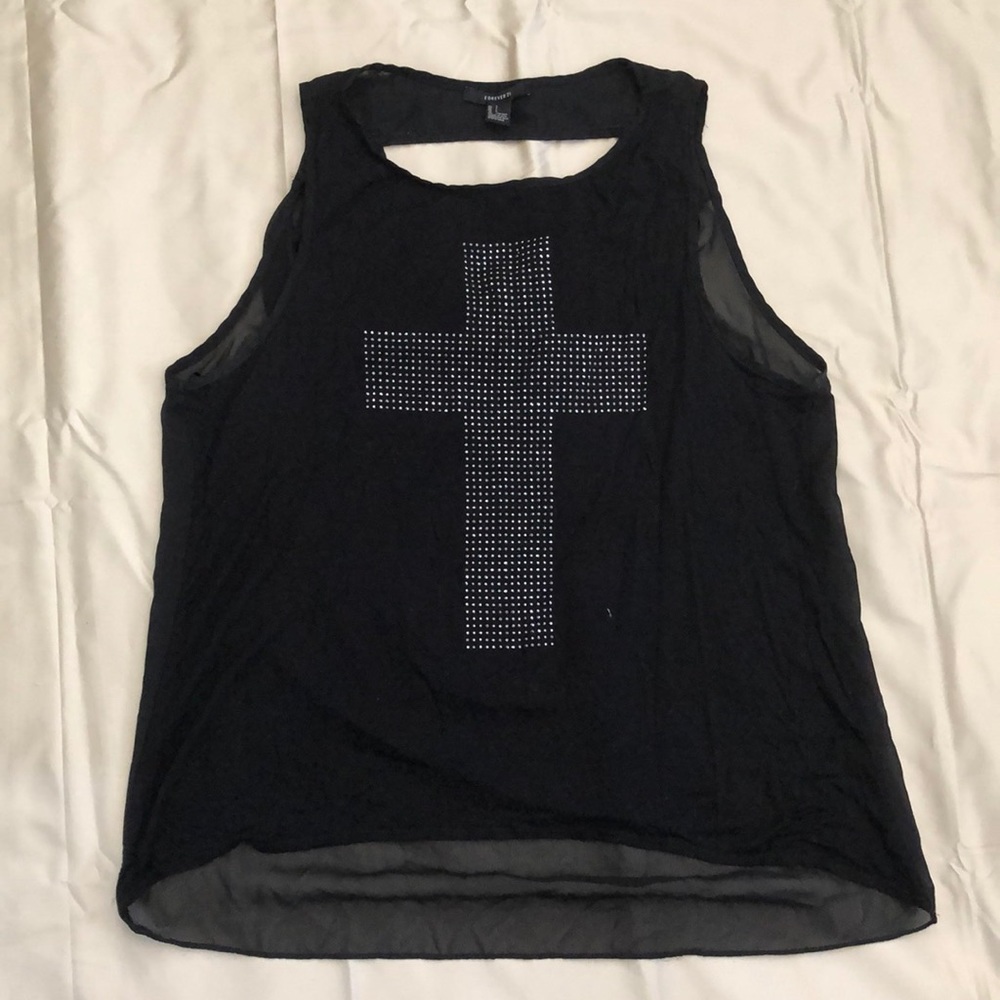 Black tank top with silver rhinestone cross.